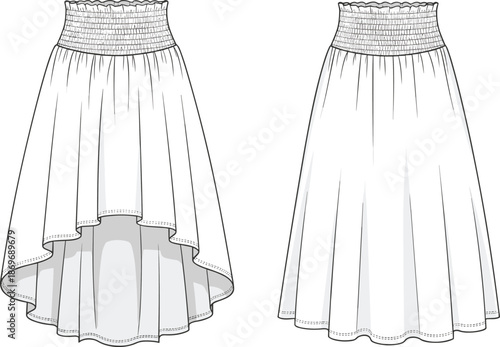 Women High Waist Skirt Fashion Technical Sketch Illustration, Asymmetrical Hem Maxi Skirt Front Back Apparel Vector Design