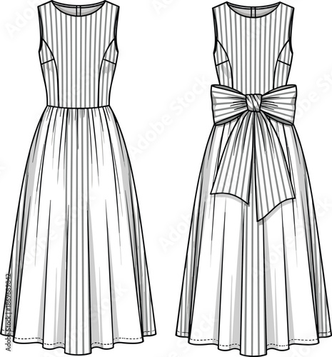Women Sleeveless Bow Back Dress Fashion Technical Sketch Illustration, Elegant Striped Midi Dress Front Back Apparel Vector