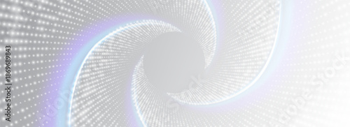 White swirling background from small glowing particles.Twisted tunnel of shining flares. Spiral wave from dots. Spinning dotted halftone vector spiral.