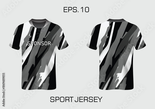 Modern Black and White Sport Jersey Design with Abstract Pattern and Sponsor Branding