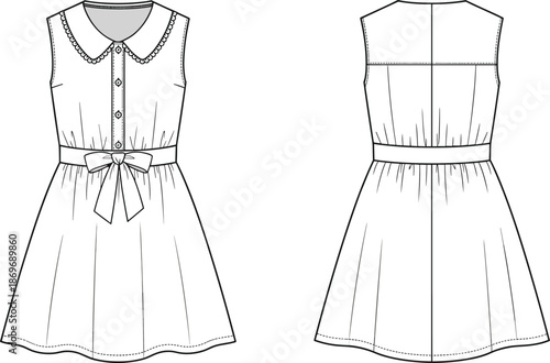 Women Sleeveless Dress Fashion Technical Sketch Illustration, Cute Collar Bow Detail Apparel Design Front Back Vector