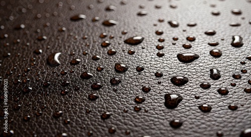 Water droplets on dark leather surface with reflective texture