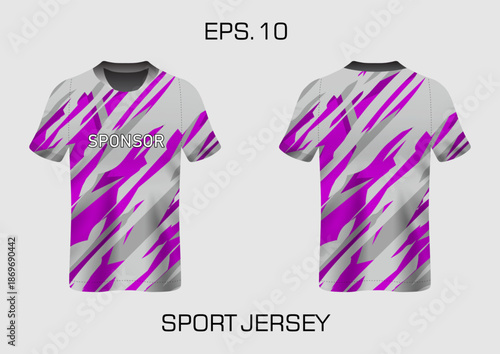Stylish Sport Jersey Design with Abstract Patterns and Bold Sponsor Graphic in Gray and Purple