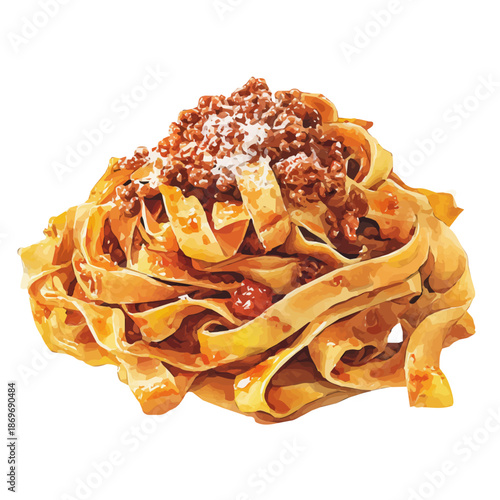 Fettuccine Bolognese in watercolor style, vector illustration, isolated on white background.