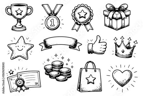 Hand drawn achievement and reward icon set featuring symbols of success, appreciation, and victory for marketing, social media, and competition