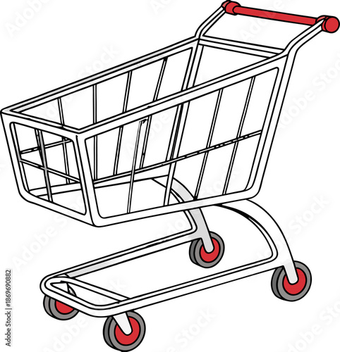 Realistic 3D shopping cart, shiny metallic finish, modern design, high-quality render, no background, transparent for clean display.
