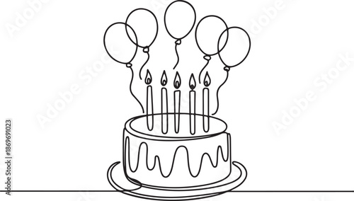 Continuous line drawing of birthday cake with candle and balloons. Birthday cake one line drawing in single line art style.one line  vector illustration  with out background