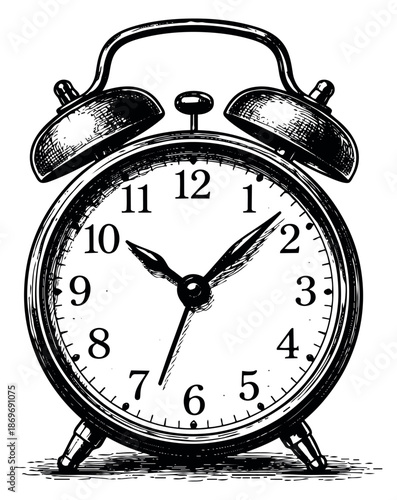 Hand drawn line art illustration of an alarm clock depicting timekeeping for time management