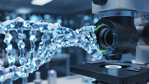Advanced DNA Research Under Microscope in High-Tech Laboratory Setting.