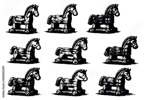 Hand drawn line art rocking horse set featuring classic wooden toys for children's themes