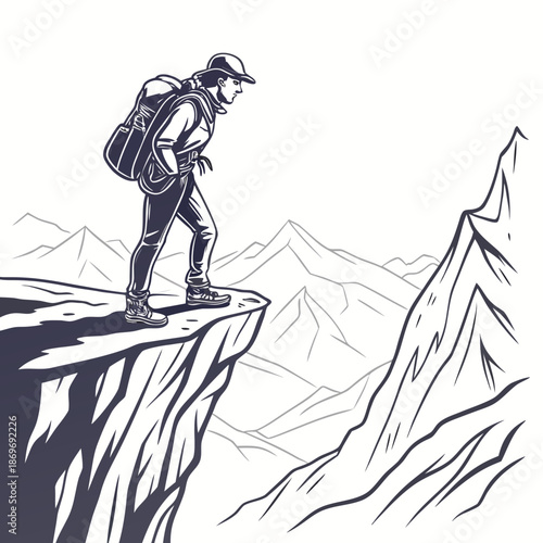Explorer standing on mountain cliff edge looking out