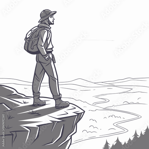 Lone adventurer overlooking valley from cliff hiker