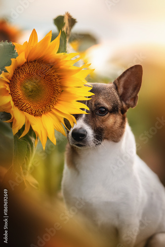 Wallpaper Mural A mongrel dog with white and brown fur sits in a field of flowers. The dog is next to a large sunflower. The light is warm and golden, suggesting it's late afternoon Torontodigital.ca