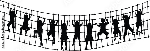 Children Silhouette Playing on Rope Net Playground, Happy Kids Climbing Adventure Activity Vector Illustration for School, Park, Childhood Fun Design