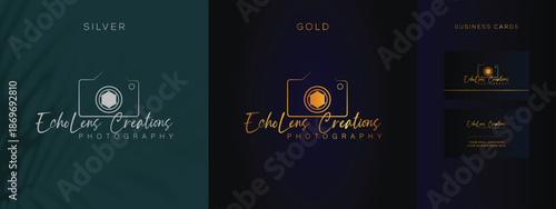 Modern Script Photography Logo with Camera Icon and Business Card Design