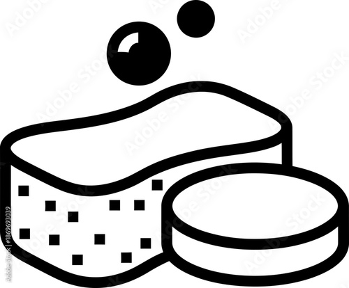 Cleaning sponge and soap bar with bubbles. Laundry, dishwashing, and washing concept. Housework, hygiene, and domestic care. Vector icon illustration for web design