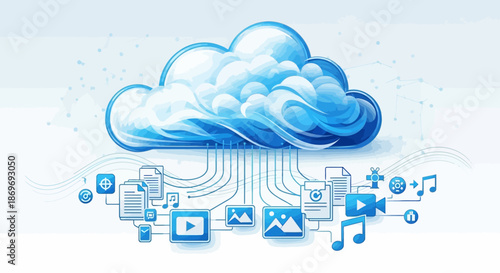 Cloud computing concept with various media files and data streaming from a cloud icon in shades of blue on a white background with cloud storage