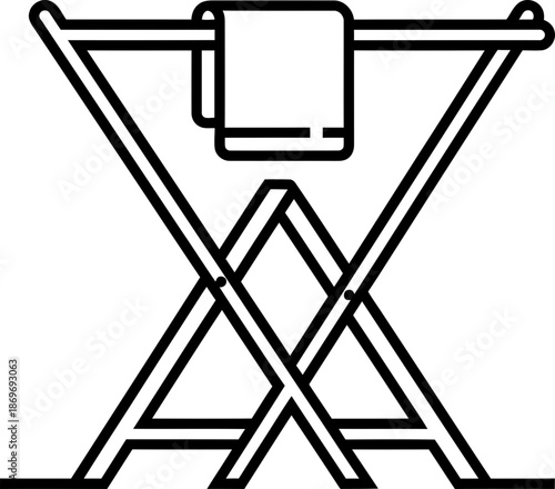 Foldable clothes drying rack with a towel drying on it, a laundry or household chore concept. Black line icon on white background, vector for app or website design