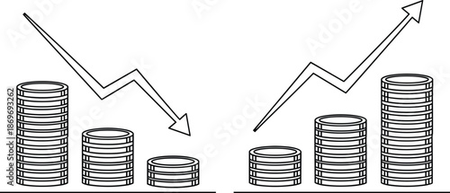 Financial Growth and Decline Comparison Vector Illustration Showing Rising and Falling Arrows with Coin Stacks, Business Performance, Profit Loss Analysis, Investment Trends, and Economic Data Concept