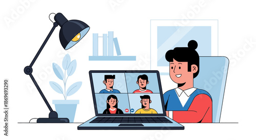 A smiling woman with dark hair in a blue and red outfit sits at a desk with a laptop showing a video conference with four other people on the screen in a home office