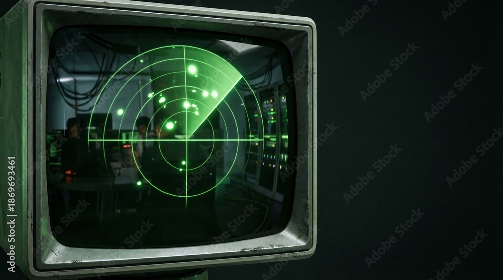 Obraz premium Old crt monitor showing green radar scan with sweeping arm and signal blips. Control room surveillance display detecting targets. Technology concept for monitoring and security systems