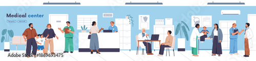 Medical center, clinic banner. Patients visiting doctor office for health care checkup. People, families in panoramic hospital hall, reception, healthcare appointments. Flat vector illustration.
