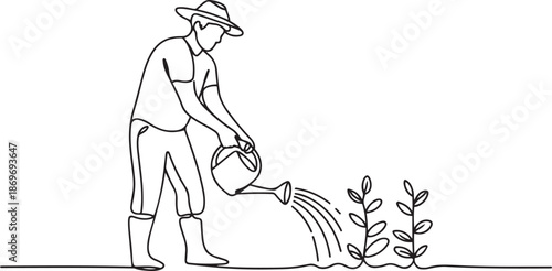 young male farmer water the plants using a watering can. Farmer planting activities minimalism concept.one line  vector illustration  with out background
