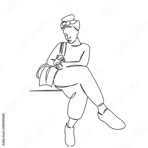 One continuous single drawing line art flat doodle fashion, girl, woman, female, young, people, subway, trendy. Isolated image hand draw contour on a white background
