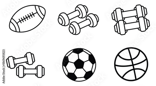 Sports equipment set with football, basketball, American football, ball, and dumbbells, hand-drawn doodle line art in monochrome style, ideal for fitness, training, and sports design