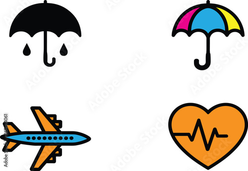 Modern vibrant line icon set featuring a solid black umbrella a multi-colored parasol a detailed blue airplane and an orange heartbeat for insurance and travel.