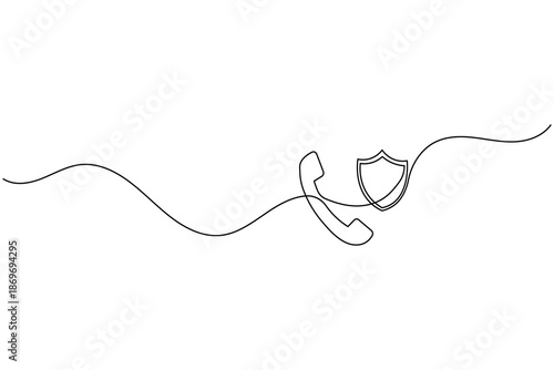 Continuous line drawing of a phone receiver and shield for security and protection concept
