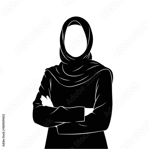 Silhouette of a woman wearing a hijab with her arms crossed standing confidently on a plain white background for design and cultural representation