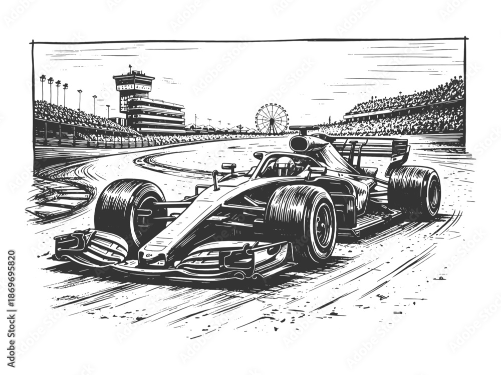 Fototapeta premium Formula one racing car illustration in detailed hand drawn sketch style capturing speed, motion, and motorsport energy for automotive and sport design