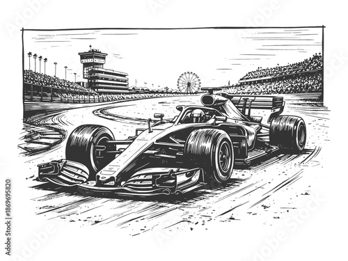 Formula one racing car illustration in detailed hand drawn sketch style capturing speed, motion, and motorsport energy for automotive and sport design