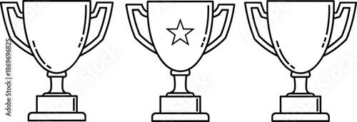 Vector illustration of three black trophy icons with star symbol in center, representing awards, recognition, achievement, competition success, sports victory, champion prize,