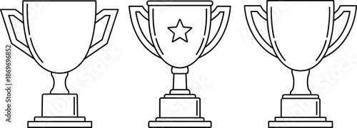 Vector illustration of three black trophy icons with star symbol in center, representing awards, recognition, achievement, competition success, sports victory, champion prize,