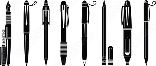 Writing Instrument Silhouette Vector Set Featuring Fountain Pens, Ballpoint Pens, Mechanical Pencils, and Stationery Tools Collection for Office, Education, Branding, and Graphic Design Use