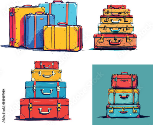Vsai colorful vintage luggage bags stacked for travel trip