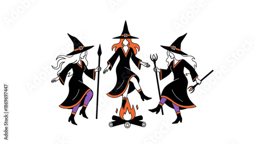 Witches dancing around bonfire vector illustration