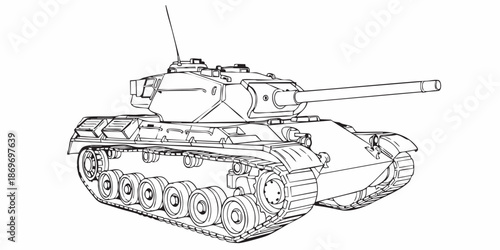 Realistic armored tank outline drawing, military tracked vehicle line art, black and white technical illustration, Modern battle tank vector illustration, armored military vehicle line art, monochrome