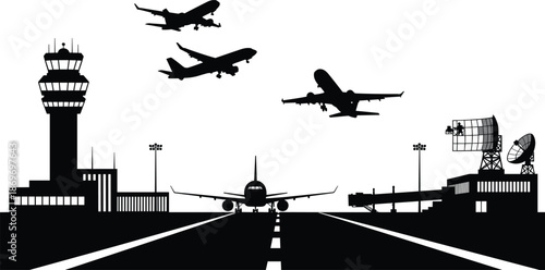 Airport terminal silhouette with control tower radar and airplanes taking off from runway for travel and aviation vector background design. (20 words)