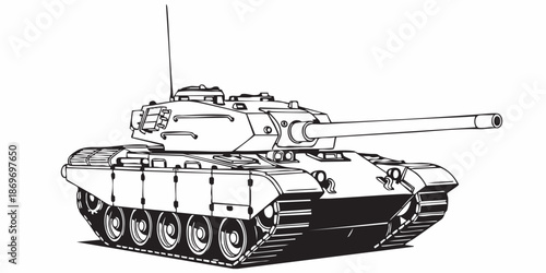 Realistic armored tank outline drawing, military tracked vehicle line art, black and white technical illustration, Modern battle tank vector illustration, armored military vehicle line art, monochrome