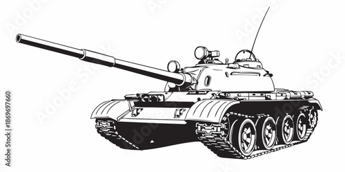 Realistic armored tank outline drawing, military tracked vehicle line art, black and white technical illustration, Modern battle tank vector illustration, armored military vehicle line art, monochrome