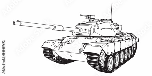 Realistic armored tank outline drawing, military tracked vehicle line art, black and white technical illustration, Modern battle tank vector illustration, armored military vehicle line art, monochrome
