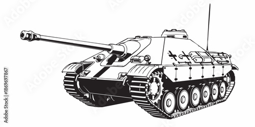 Realistic armored tank outline drawing, military tracked vehicle line art, black and white technical illustration, Modern battle tank vector illustration, armored military vehicle line art, monochrome