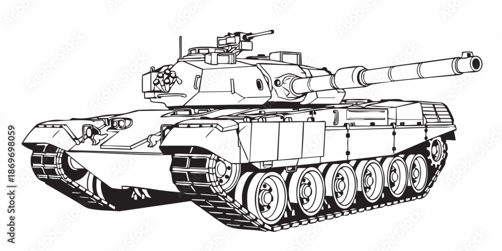 Obraz premium Realistic armored tank outline drawing, military tracked vehicle line art, black and white technical illustration