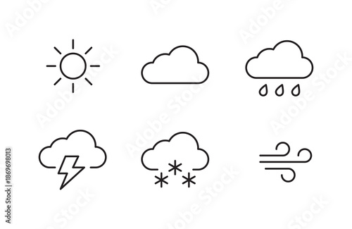 weather icons. Weather line icon set. Sun, rain, thunder storm, dew, wind, snow cloud, sky, clouds, snowflake, wind, rainbow, moon Editable Stroke vector illustrations. 
