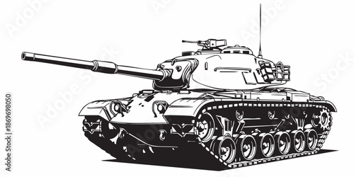 Realistic armored tank outline drawing, military tracked vehicle line art, black and white technical illustration