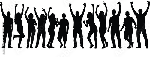 Cheerful Group of Diverse People Silhouettes Celebrating with Raised Hands and Dancing Poses for Party Success and Joyful Community Events