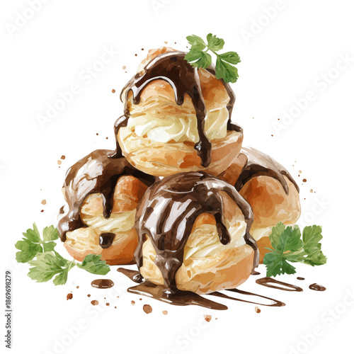 A watercolor painting of Profiteroles, vector illustration on white background.